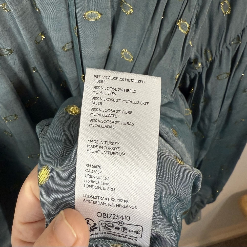 By Anthropologie Women’s Ruffled Peasant Blouse in Blue/Gold Metallic M - Picture 16 of 16